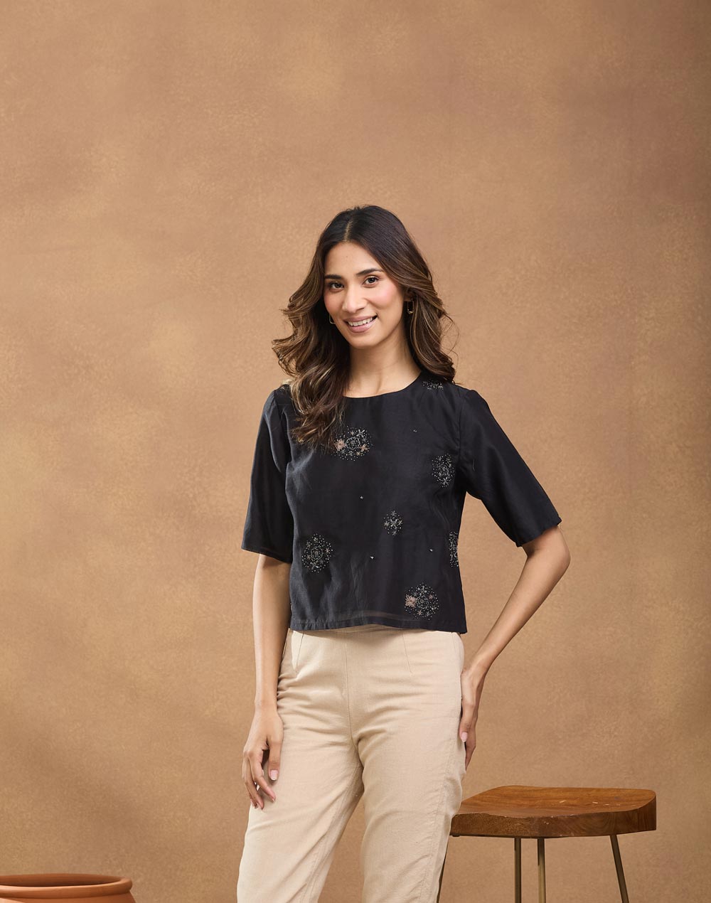 Black Cotton Silk Embroidered Short Top