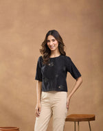 Black Cotton Silk Embroidered Short Top
