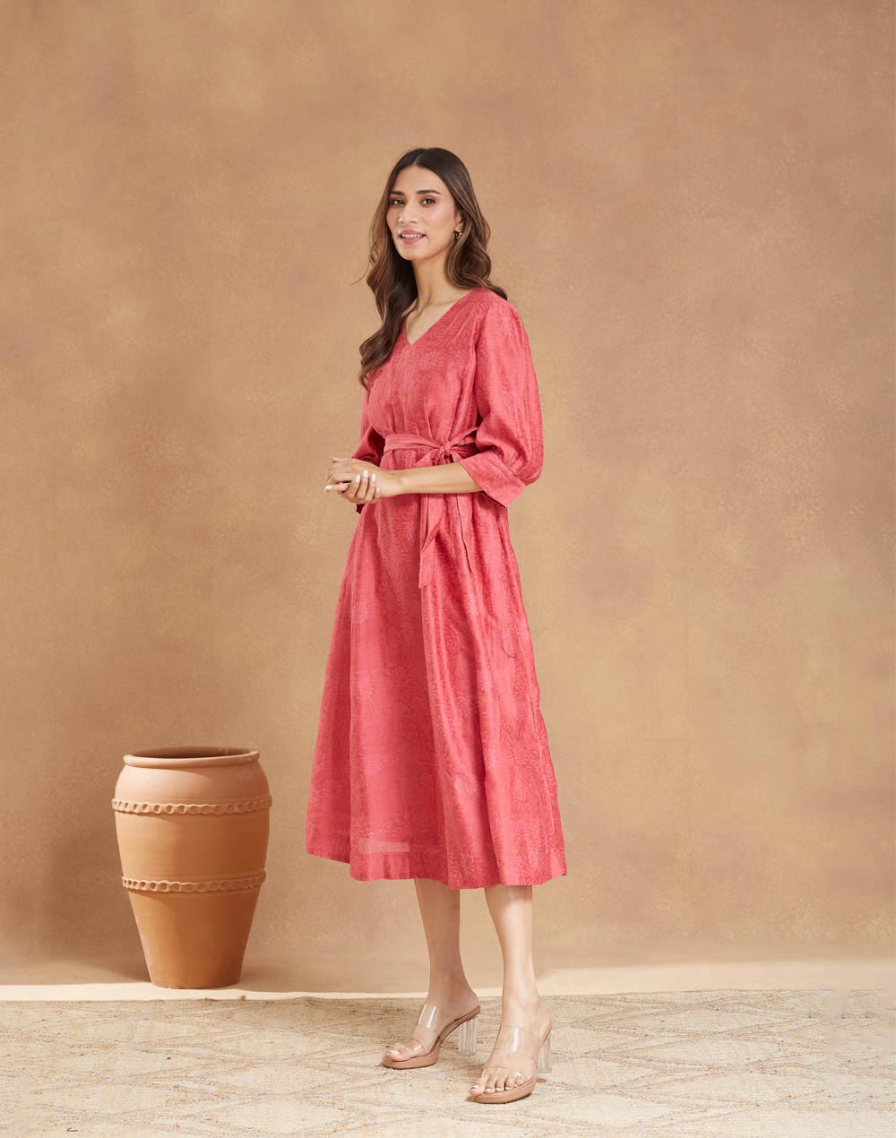 Pink Cotton Silk Hand Block Printed Midi Dress