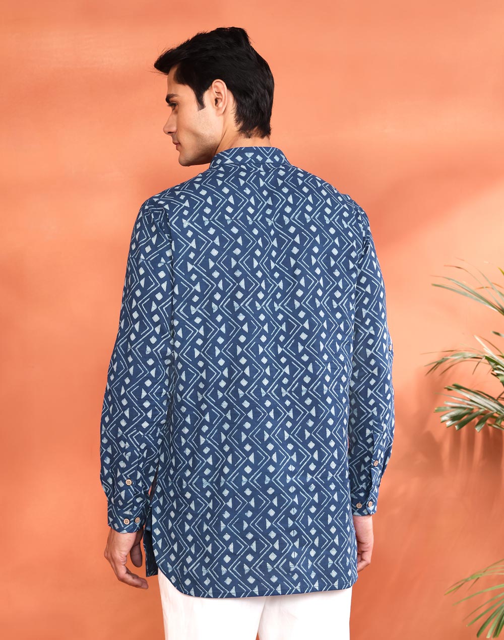 Indigo Cotton Dabu Printed Slim Fit Short Kurta