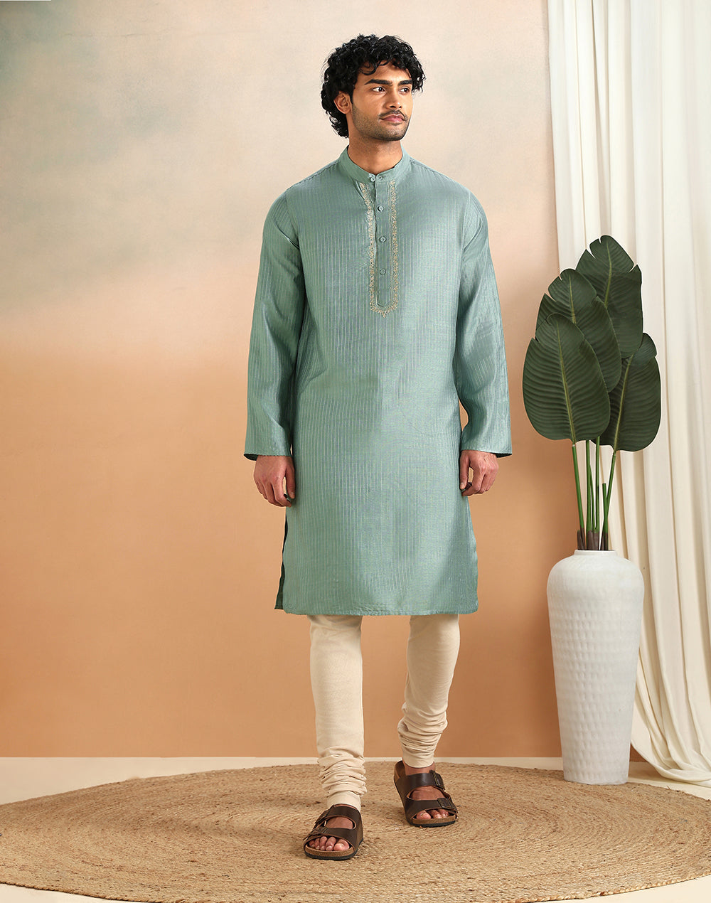 Mint Viscose Blend Dobby Slim Fit Long Kurta