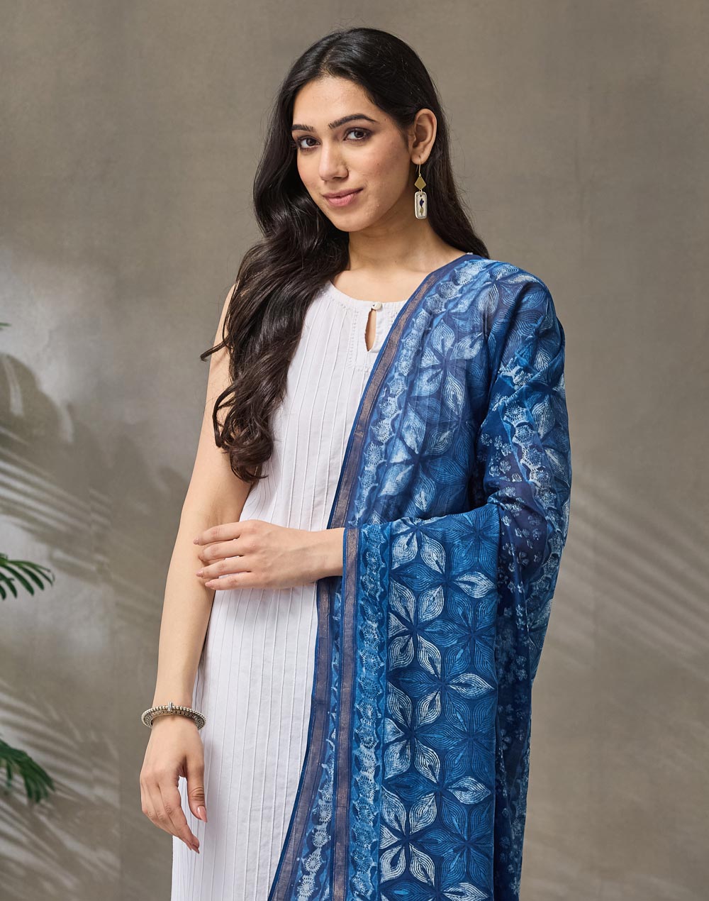 Indigo Cotton Silk Blend Hand Block Print Dupatta