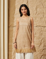 Beige Viscose Silk Hand Block Printed Slim Fit Short Kurta