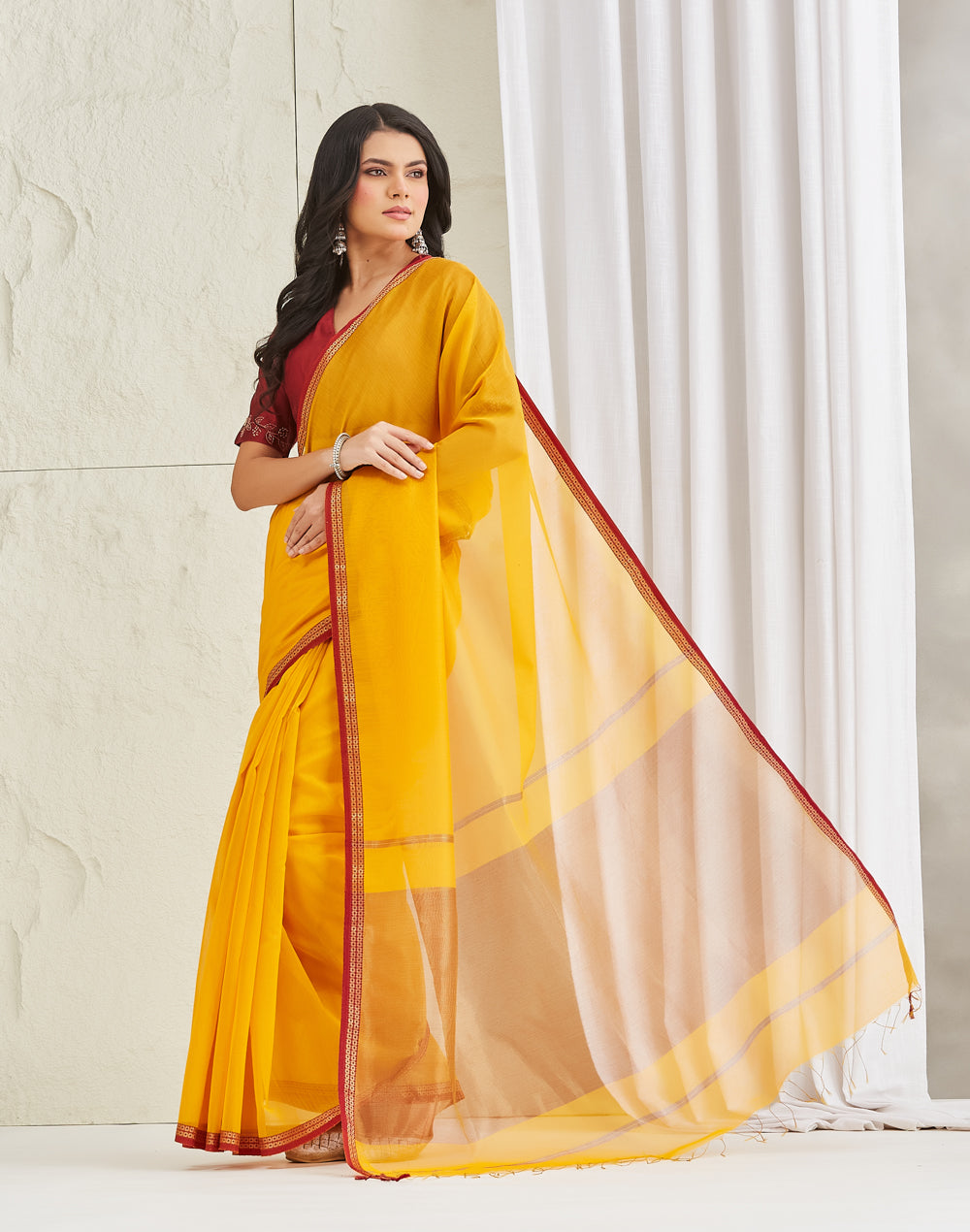 Mustard Cotton Silk Blend Maheshwari Sari