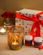 Yellow Dhaani Glass Etched T-Lite Holder Gift Set With 2 Pillar Candles