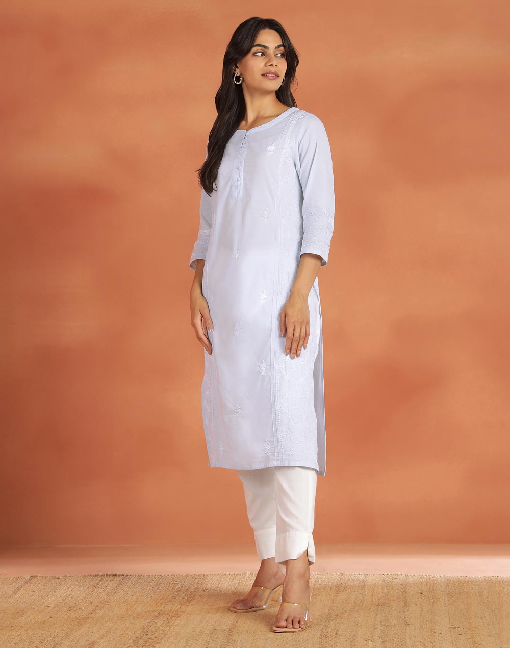 Light Blue Cotton Chikankari Long Kurta