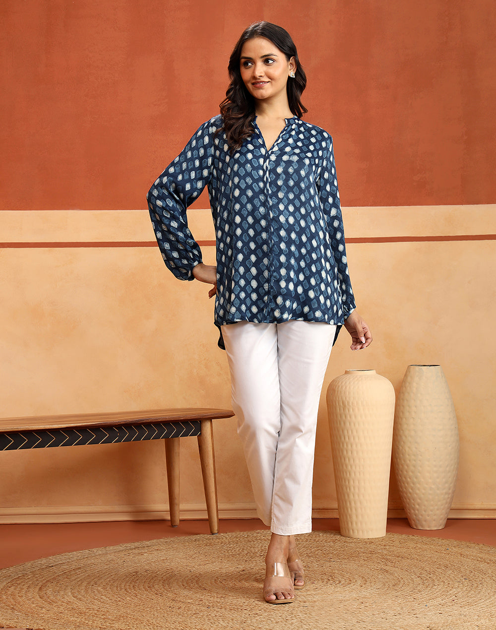Indigo Rayon Blend Dabu Printed Tunic