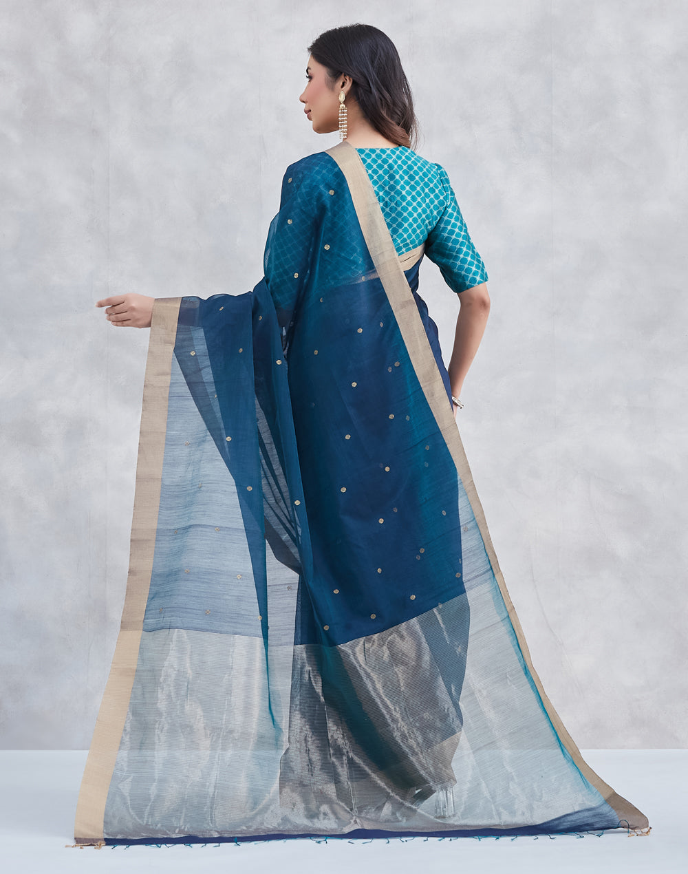 Teal Cotton Silk Blend Chanderi Sari