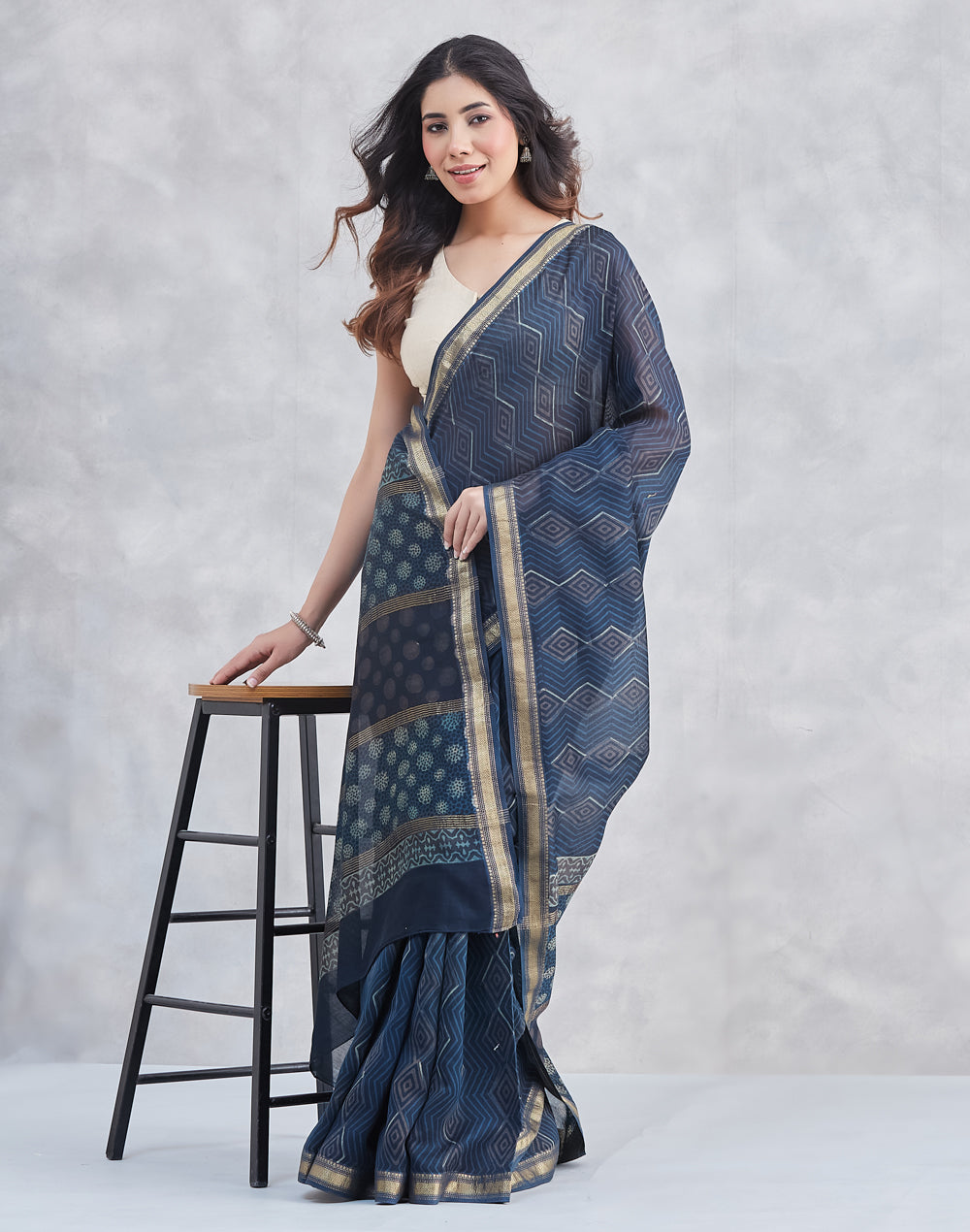 Indigo Cotton Silk Blend Hand Block Printed Sari