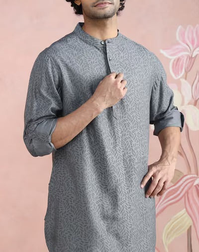 Grey Viscose Silk Block Print Short Kurta for Men with artisan hand block printing