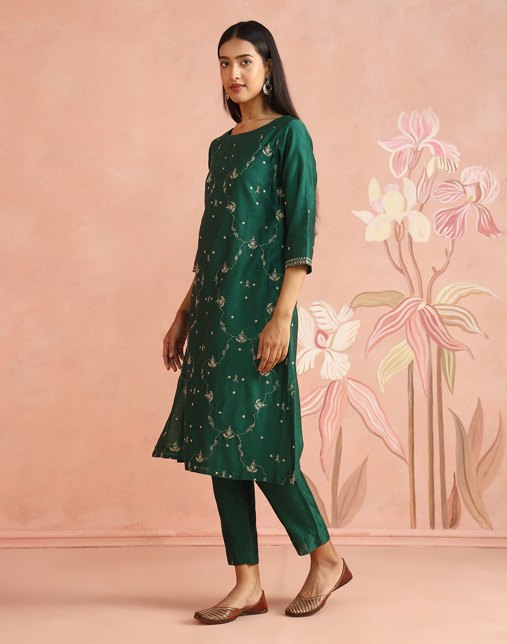Emerald Cotton Silk Embroidered Long Kurta