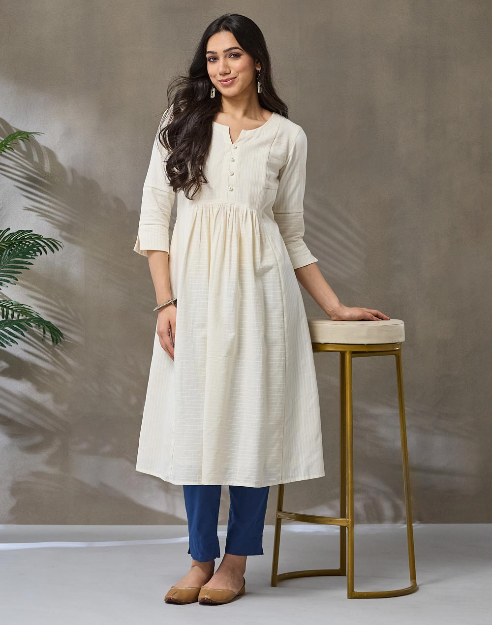 Offwhite Cotton Check Slim Fit Long Kurta