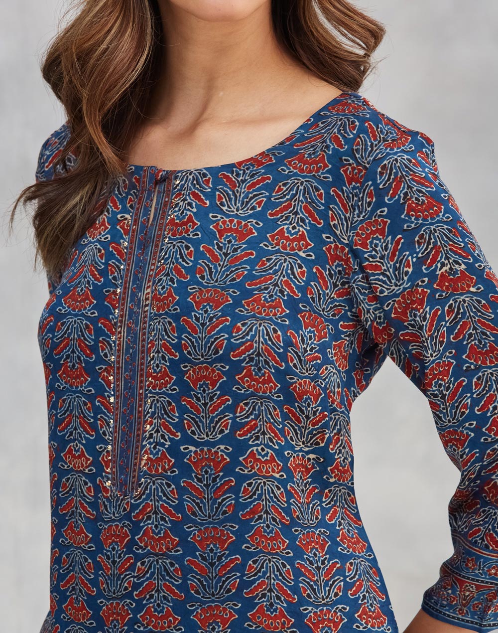Indigo Viscose Blend Ajrakh Printed Long Kurta