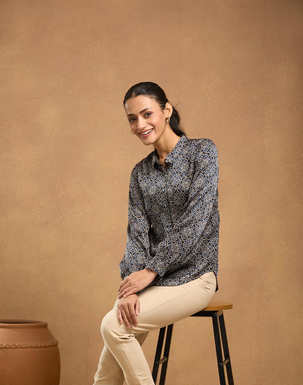 Black Rayon Blend Ajrakh Shirt