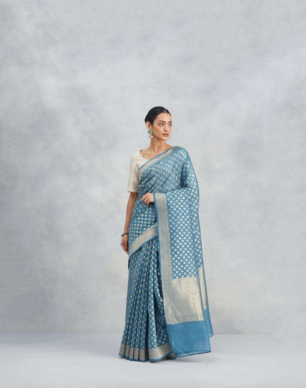 Blue Cotton Silk Blend Banarsi Sari