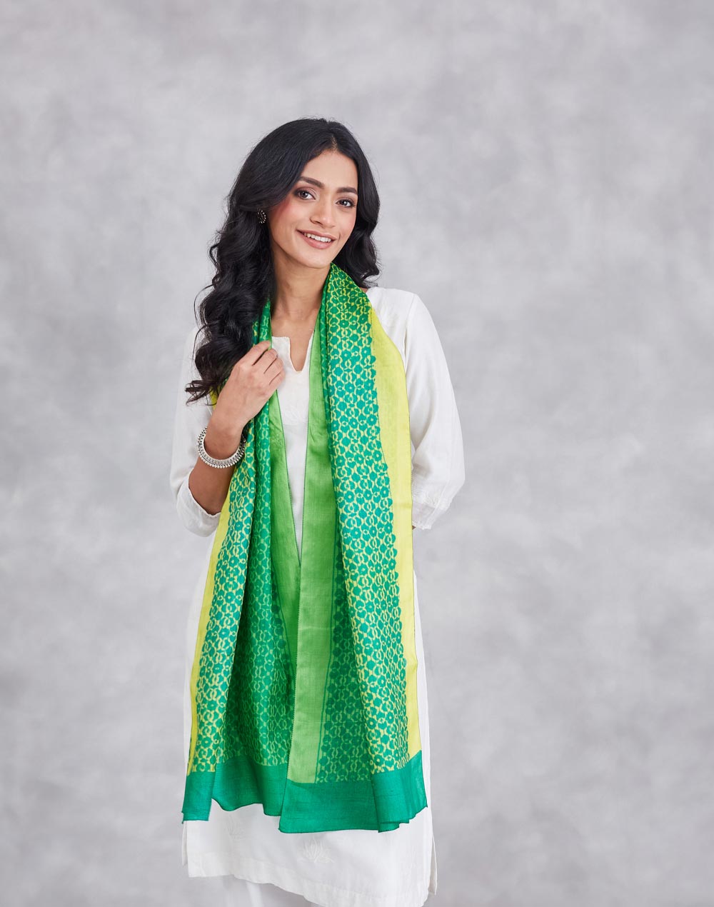 Green Silk Symphony Hand Block Printed Stole