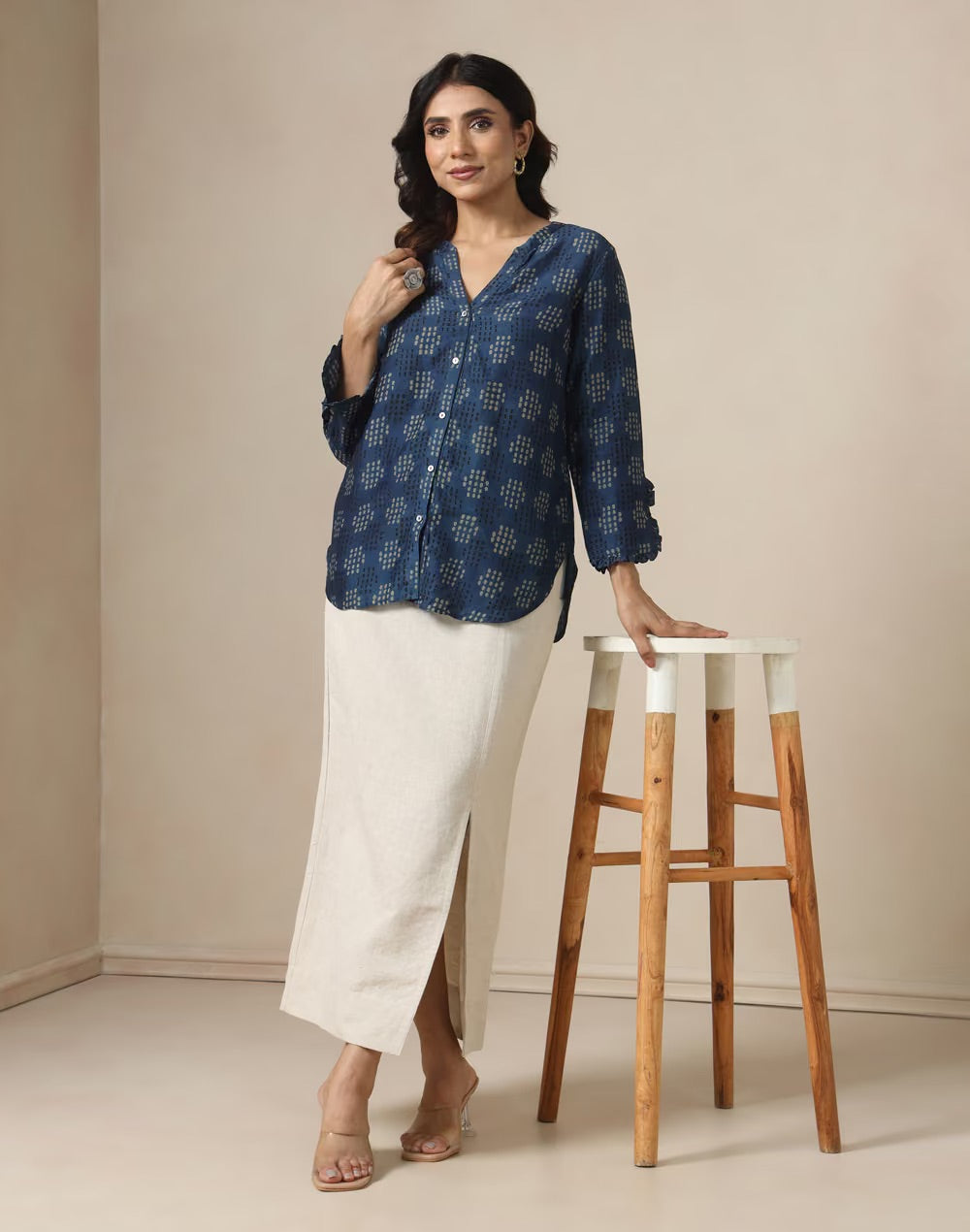 Blue Block Print Geometric Shirt styled for festive occasions