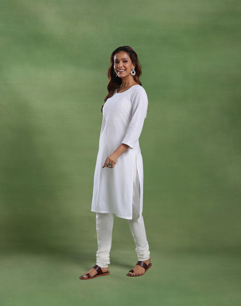 White Cotton Chikankari Knee Length Kurta