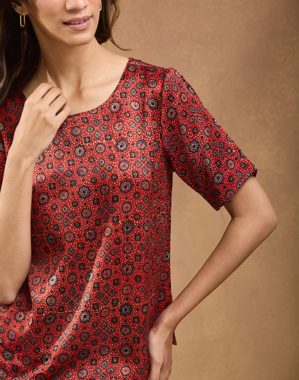 Maroon Viscose Blend Ajrakh Printed Arcadian Top