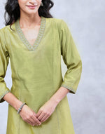 Green Cotton Silk Hand Embroidered Slim Fit Long Kurta