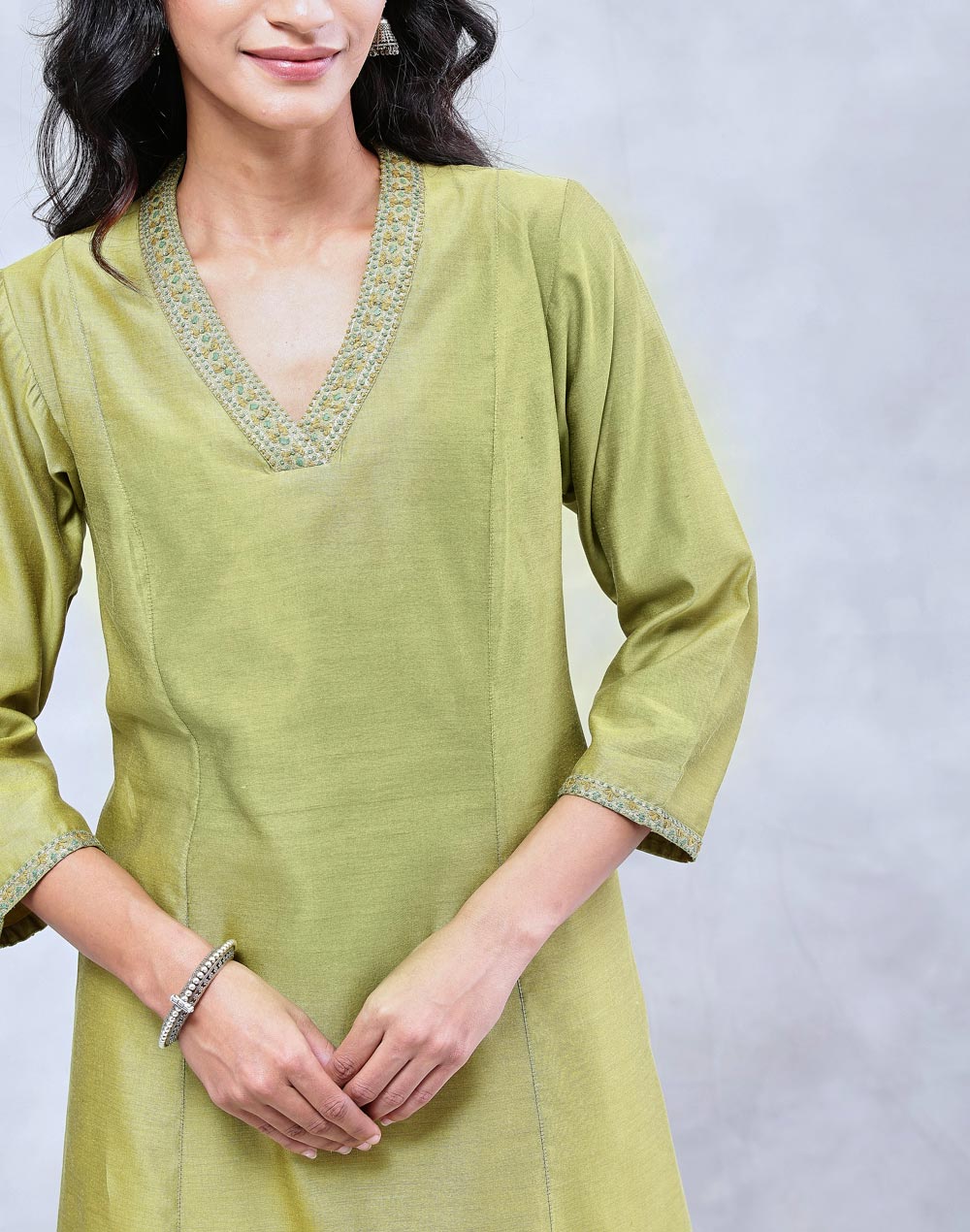 Green Cotton Silk Hand Embroidered Slim Fit Long Kurta