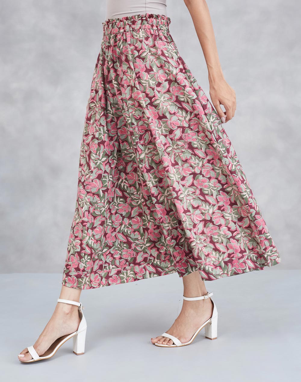 Brown Cotton Floral Midi Skirt