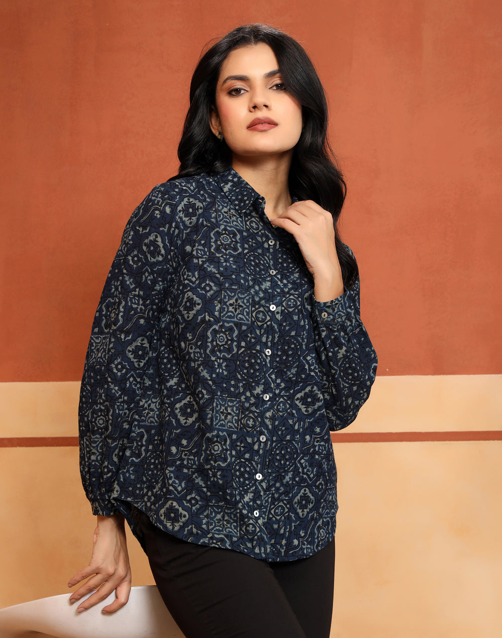 Blue-Green Cotton HB Floral Shirt