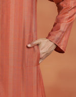 Orange Viscose Silk Zari Stripe Slim Fit Long Kurta