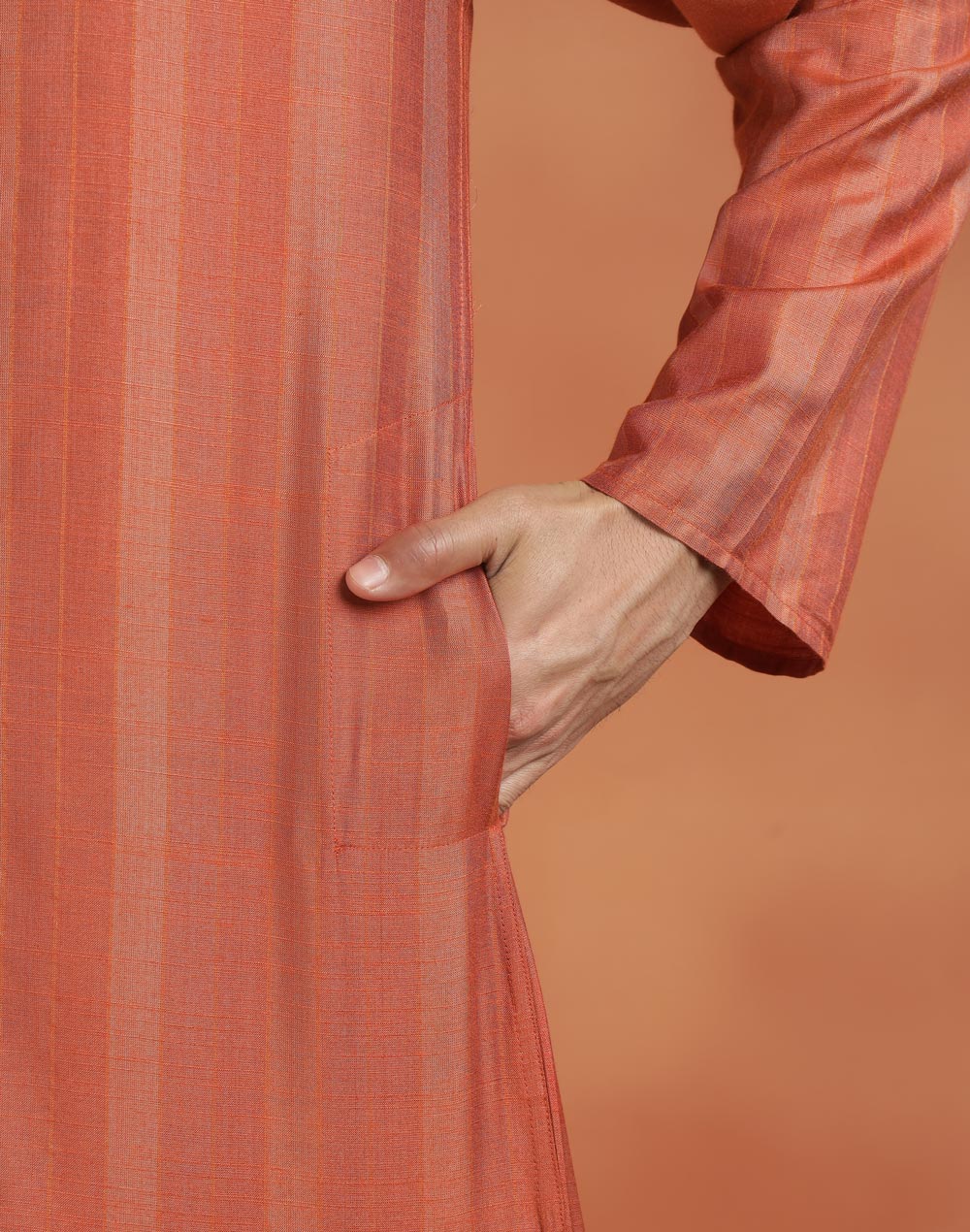 Orange Viscose Silk Zari Stripe Slim Fit Long Kurta
