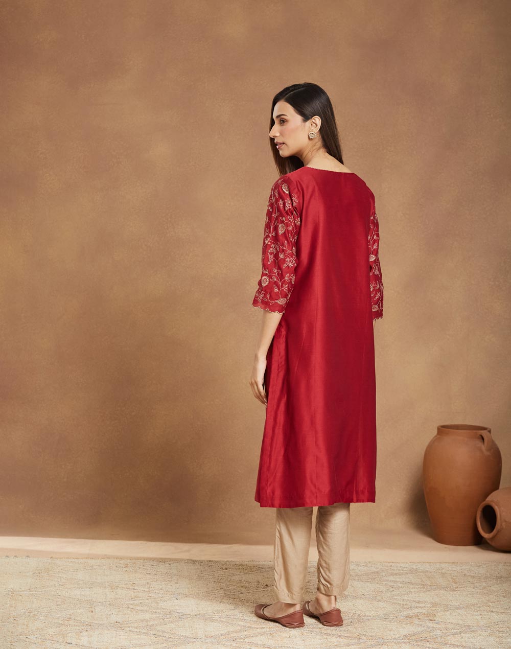 Maroon Cotton Silk Embroidered Long Kurta