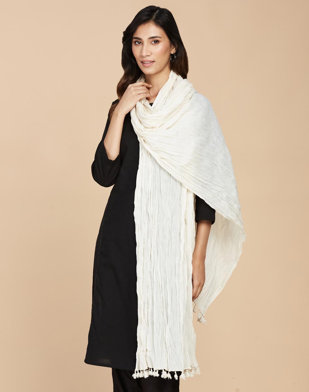 Beige Cotton Mull Plain Phunka Crinkle Dupatta