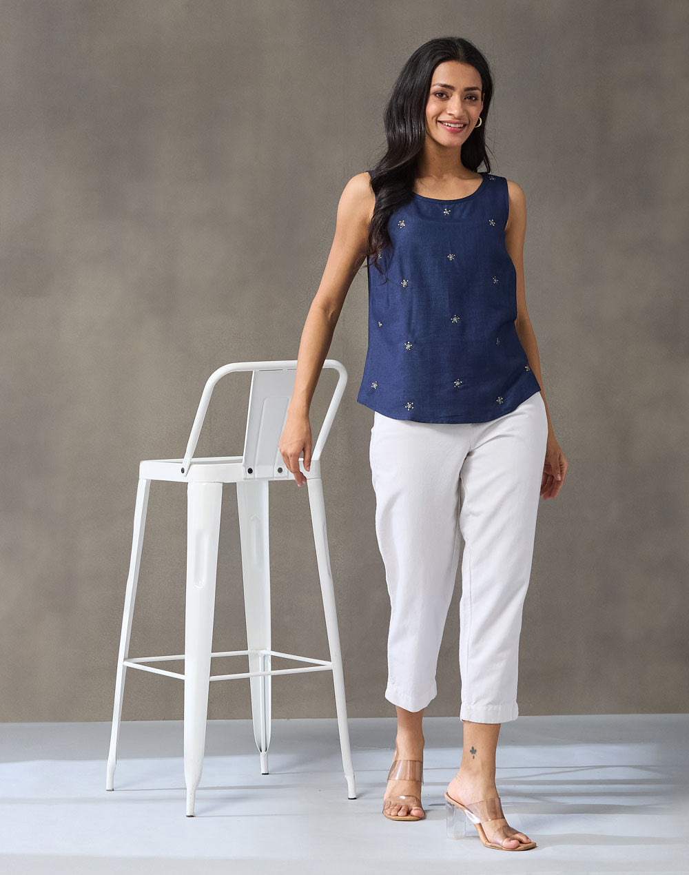 Blue Viscose Silk Hand Embroidered Top