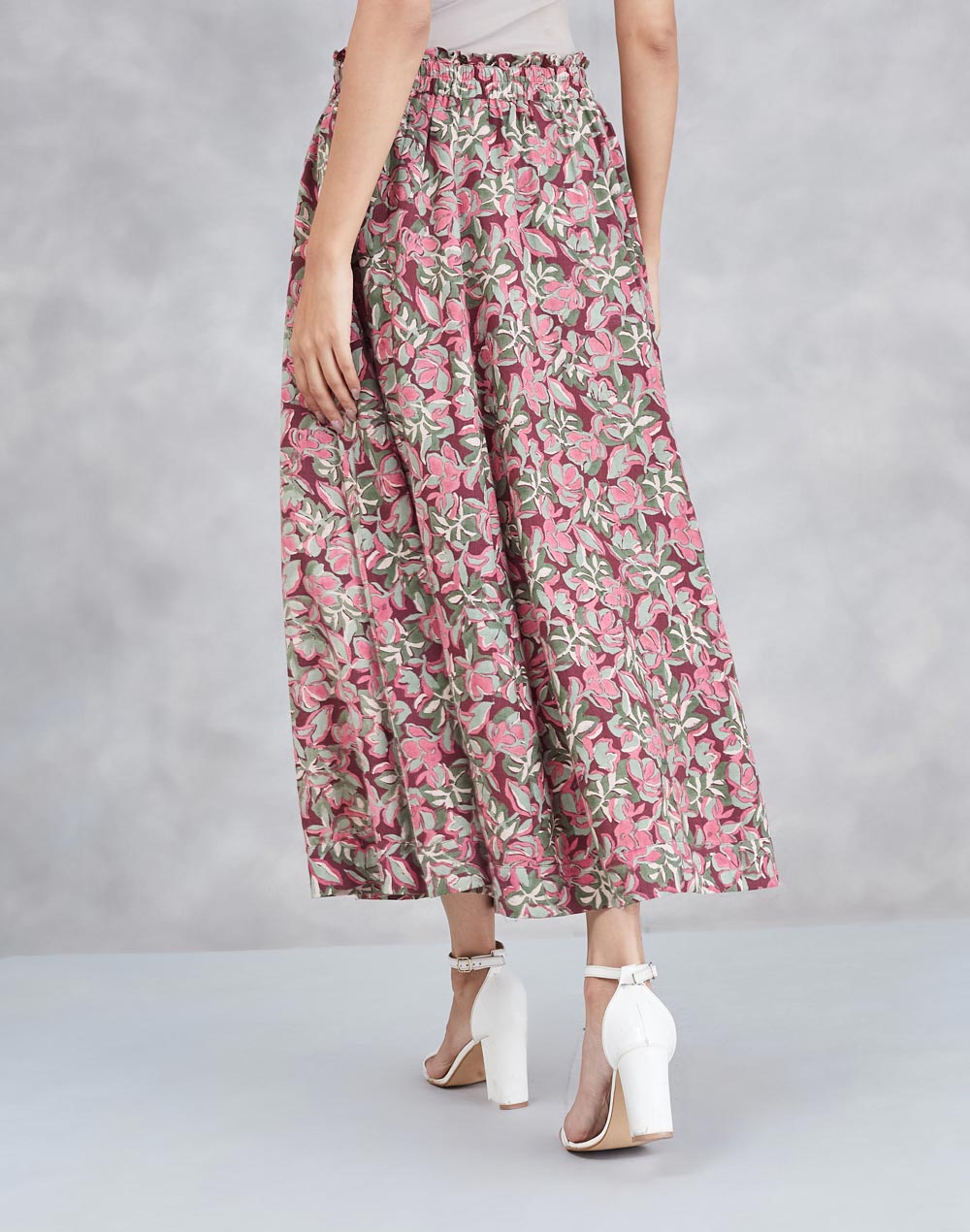 Brown Cotton Floral Midi Skirt