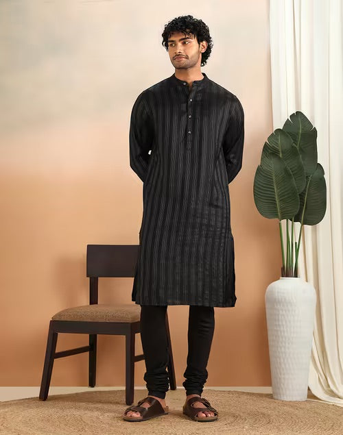 Black Viscose Dobby Long Kurta for Men from Fabindia UK