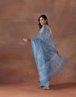 Light Blue Cotton Silk Hand Block Printed Sari
