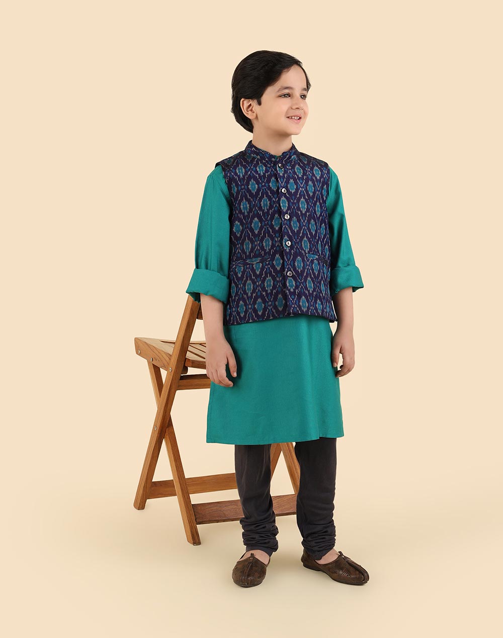 Teal Viscose Blend Ikat 2pc Kurta Set