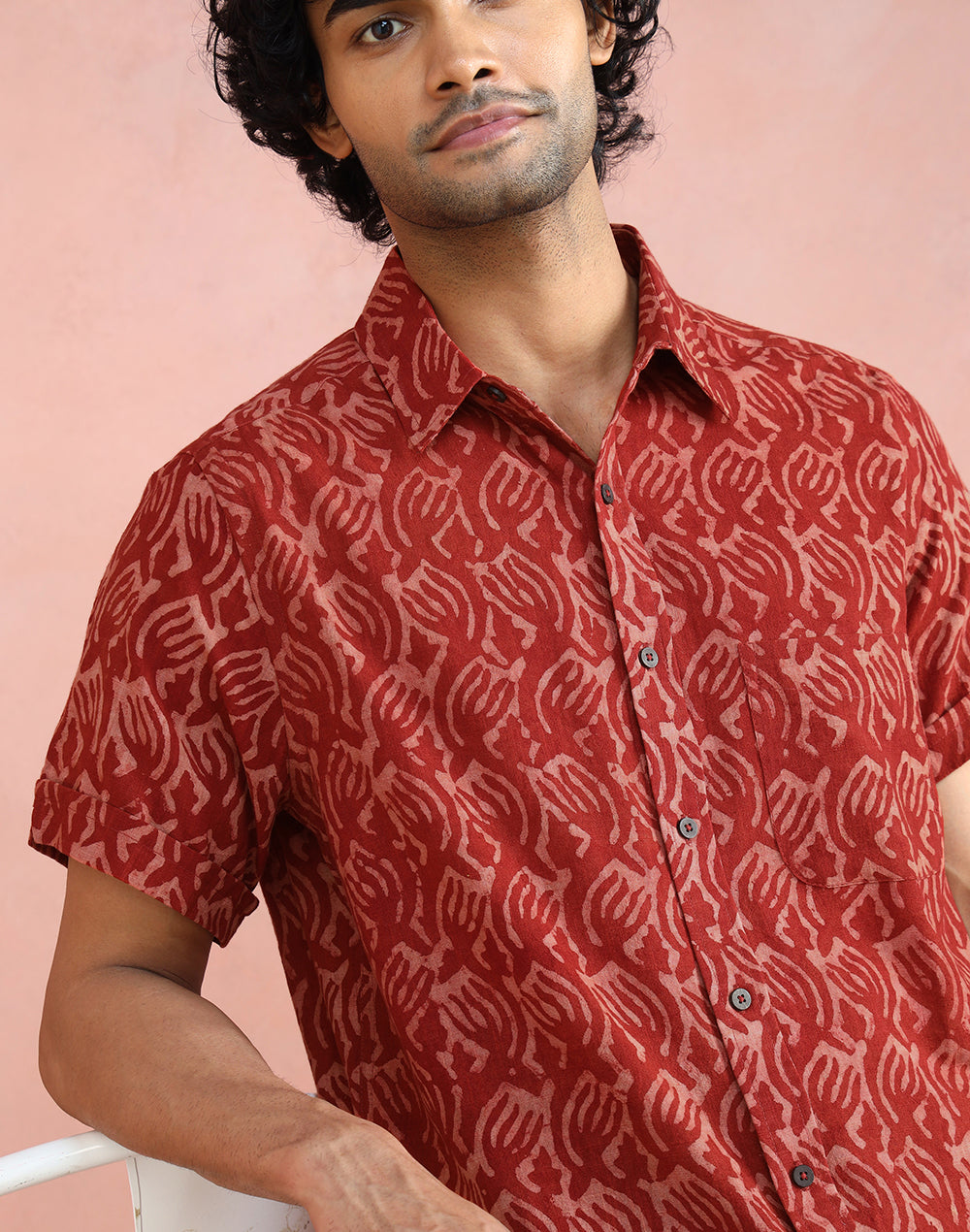 Red Cotton Bagru Print Shirt for Men with a traditional Bagru print