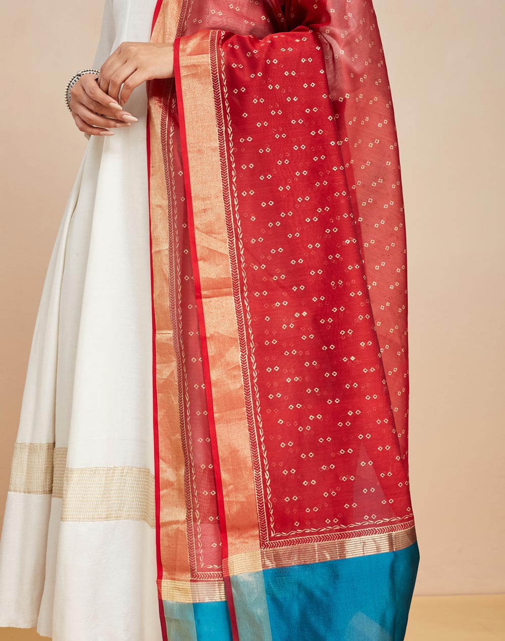 Red Cotton Silk Blend Hand Block Printed Dupatta