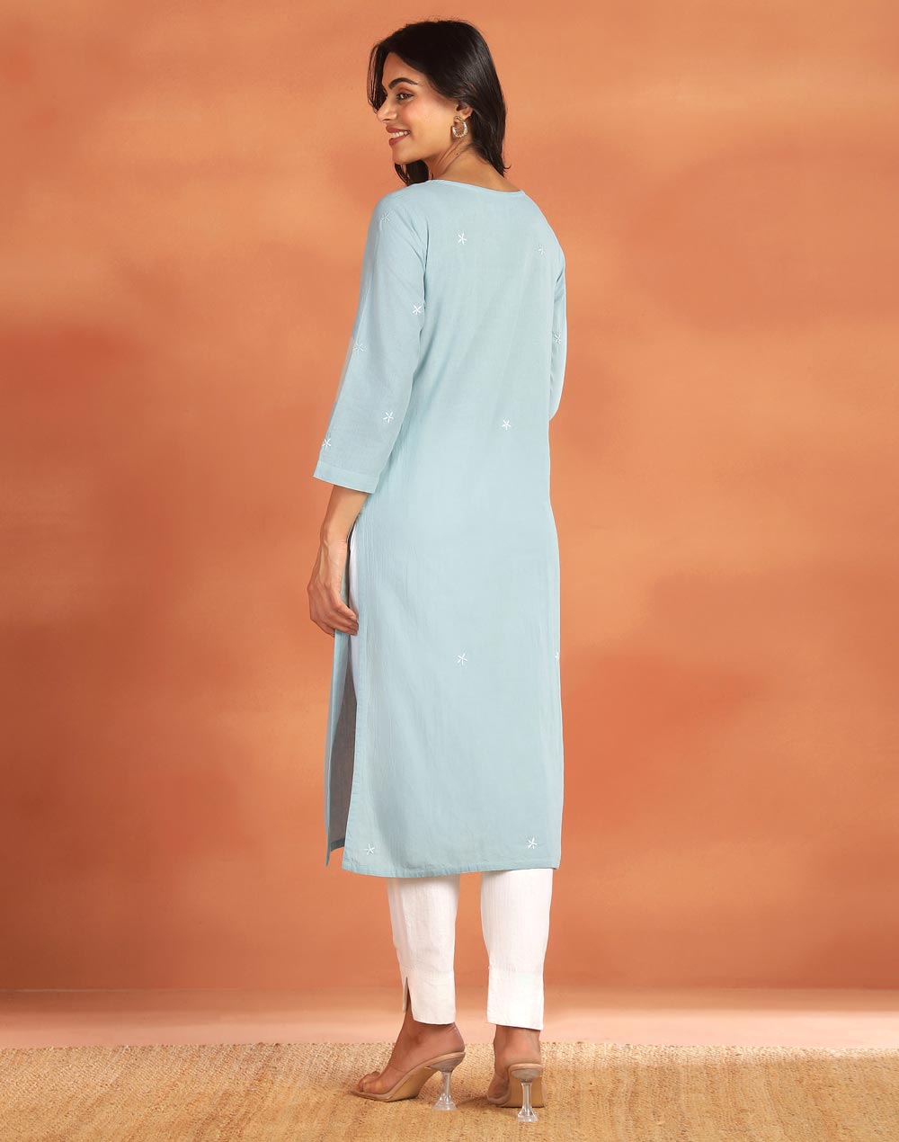 Green Cotton Chikankari Knee Length Kurta