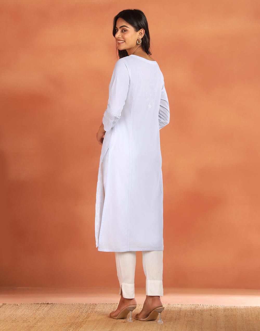 Light Blue Cotton Chikankari Long Kurta