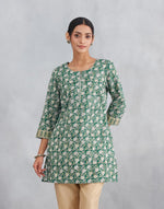 Teal Cotton Hand Block Printed Slim Fit Short Kurta
