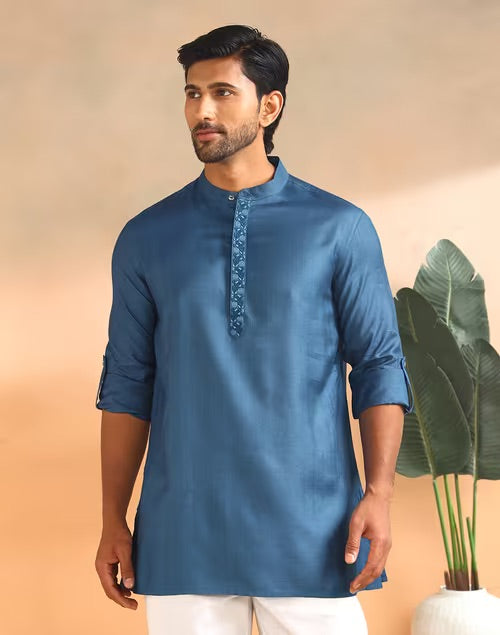 Viscose silk fabric detail on the Blue Short Kurta