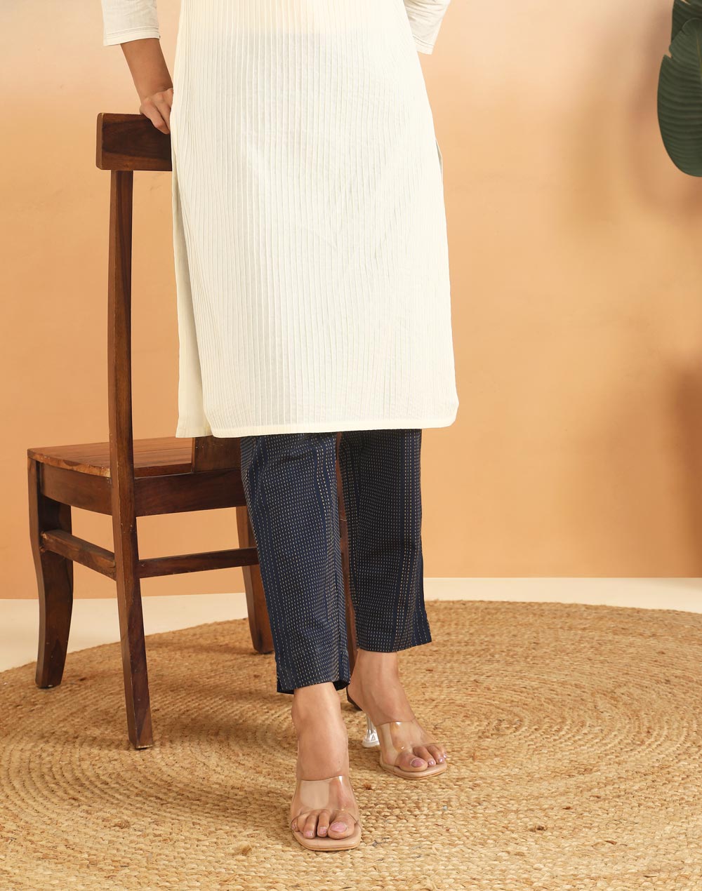 Navy Cotton Striped Casual Tapered Stride Pant