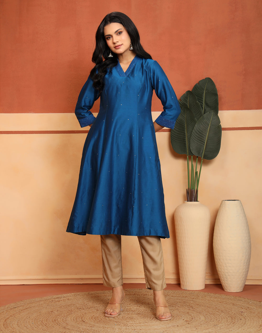 Embroidery detail on the Royal Blue Embroidered Long Kurta