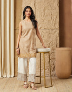 Beige Viscose Silk Hand Block Printed Slim Fit Short Kurta