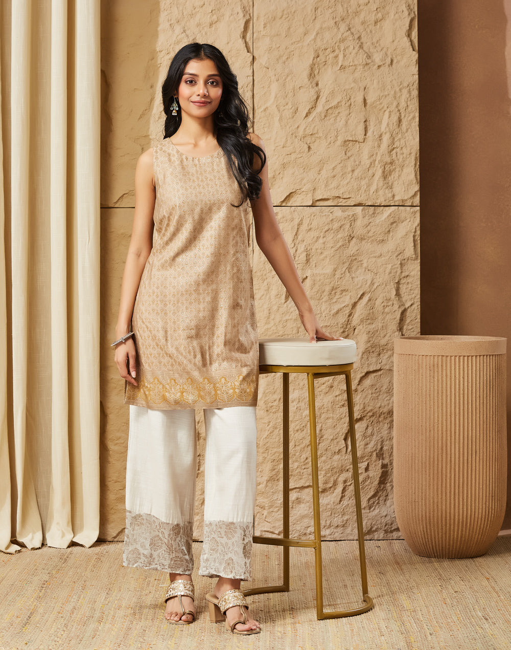 Beige Viscose Silk Hand Block Printed Slim Fit Short Kurta