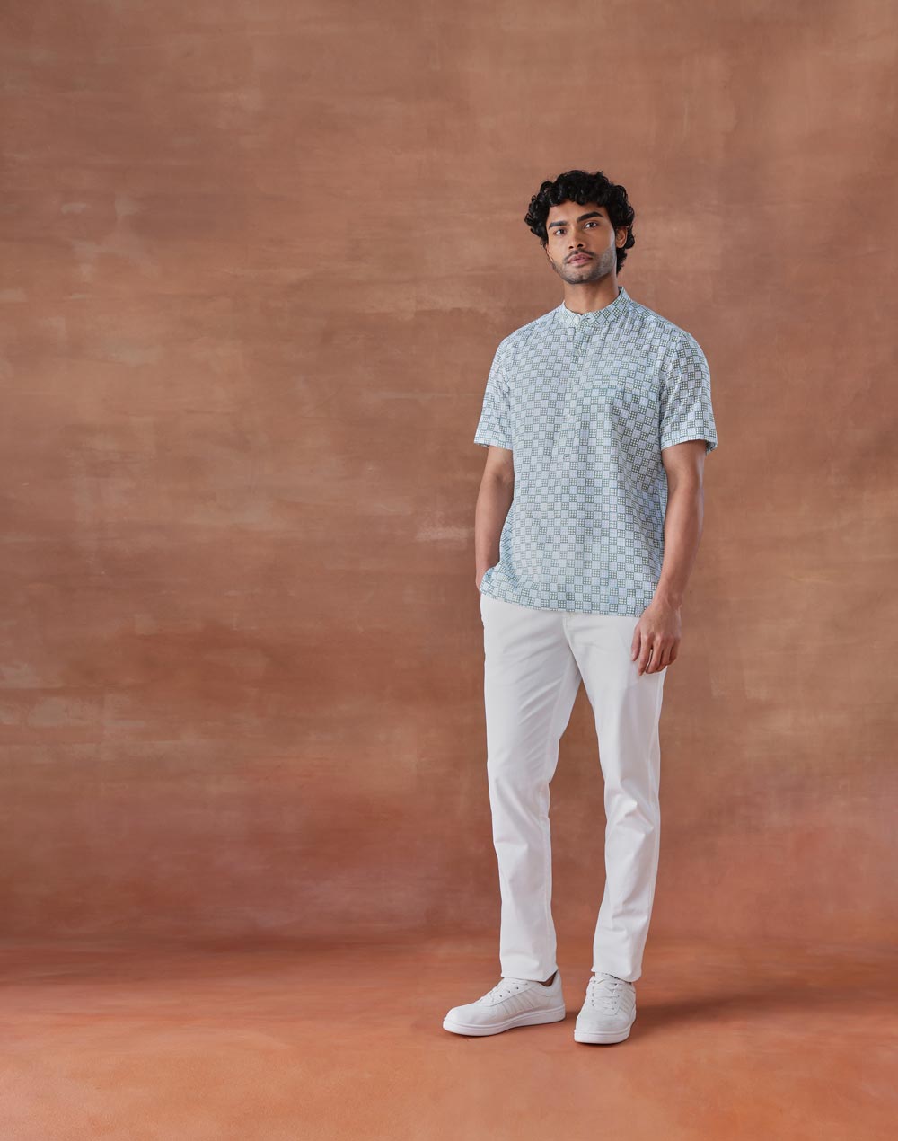 Blue Cotton Hand Block Printed Slim Fit Mid Placket Shirt