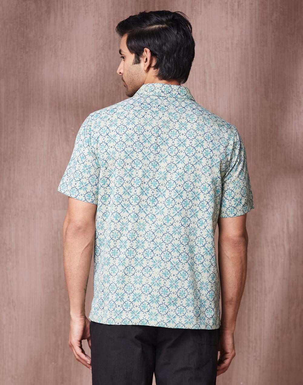 Teal Cotton Hand Block Printed Bush Shirt
