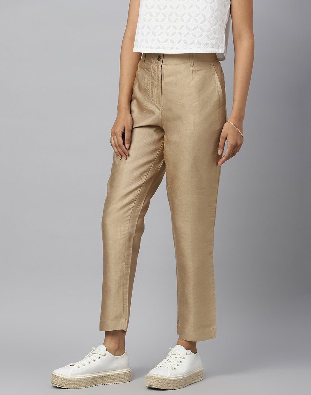Beige Viscose Silk Formal Kosi Pant Trousers for Women from Fabindia UK