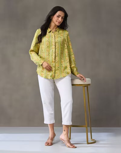 Green Block Print Floral Shirt styled for festive occasions